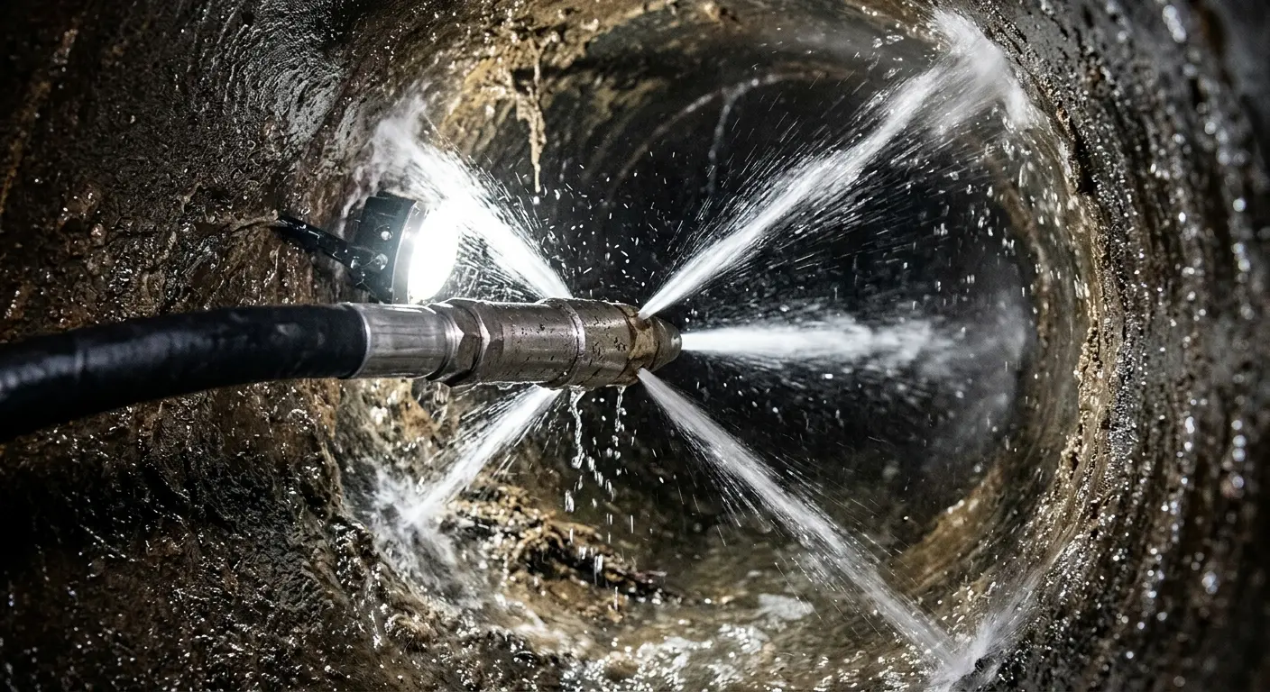 High-pressure hydro jetting nozzle cleaning sewer pipe for Storm Drain Cleaning in San Marcos