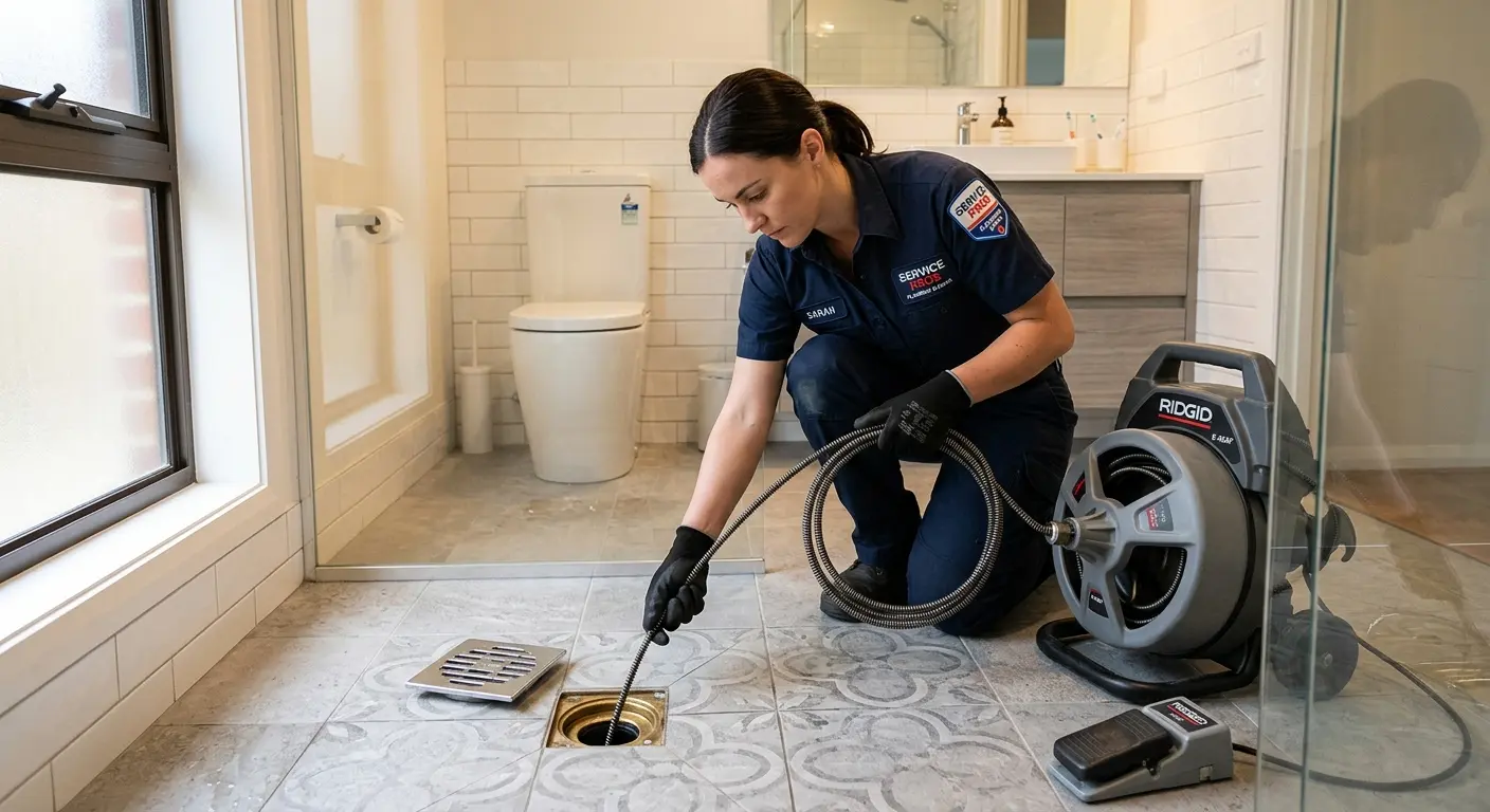 Technician clearing a bathroom floor drain for Sewer Line Replacement in San Marcos